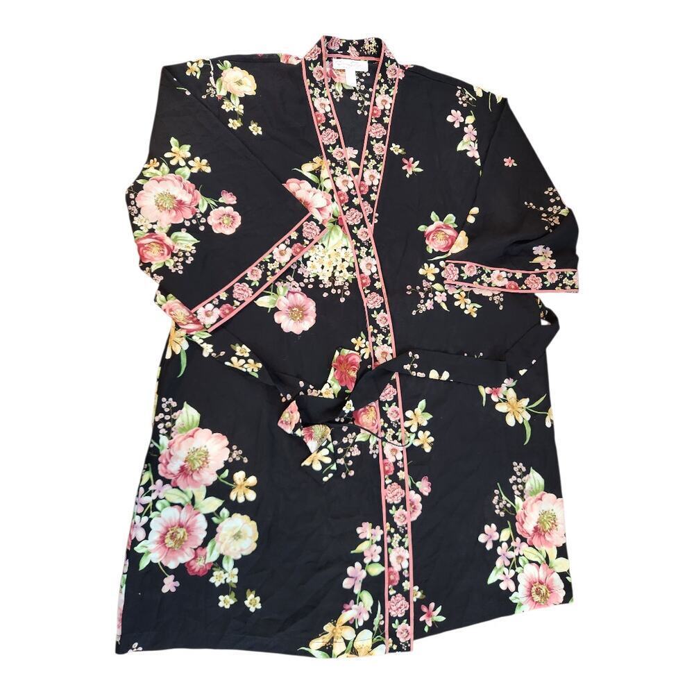 Oscar De La Renta Pink label black pink rose robe sz‎ L/XL kimono floral satin